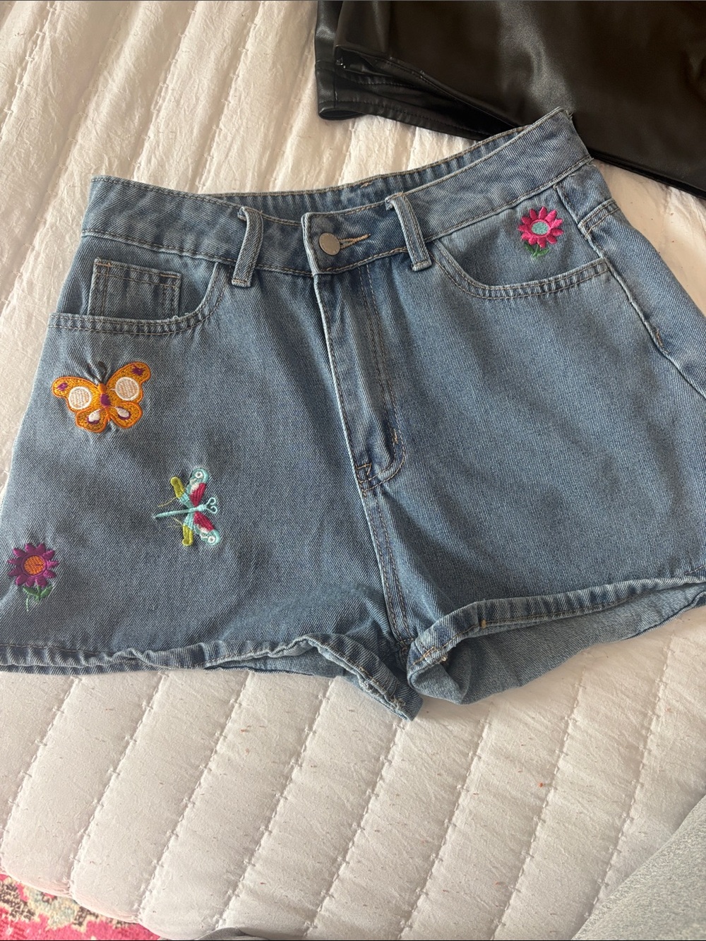 SHEIN Light Blue Denim Shorts with Colorful Embroidery
